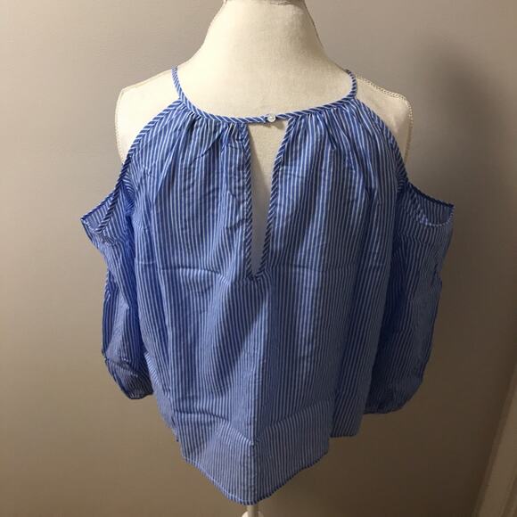 Cold Shoulder Top Blue Striped Button Down Blouse - Picture 7 of 8